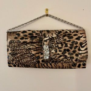 Tiger/Cheetah leather clutch with silver chain strap/crystal accents